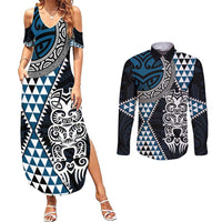 Blue Aotearoa Niho Taniwha Couples Matching Summer Maxi Dress and Long Sleeve Button Shirt Maori Mythology Tooth - Taniko Motifs LT14 Blue - Polynesian Pride
