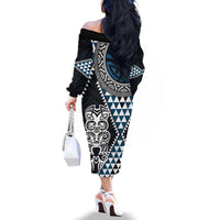 Blue Aotearoa Niho Taniwha Family Matching Off The Shoulder Long Sleeve Dress and Hawaiian Shirt Maori Mythology Tooth - Taniko Motifs LT14 - Polynesian Pride