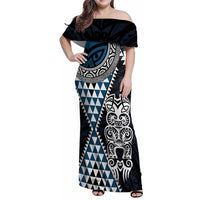 Blue Aotearoa Niho Taniwha Family Matching Off Shoulder Maxi Dress and Hawaiian Shirt Maori Mythology Tooth - Taniko Motifs LT14 Mom's Dress Blue - Polynesian Pride