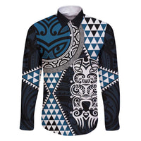 Blue Aotearoa Niho Taniwha Family Matching Short Sleeve Bodycon Dress and Hawaiian Shirt Maori Mythology Tooth - Taniko Motifs LT14 Dad's Shirt - Long Sleeve Blue - Polynesian Pride