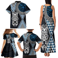 Blue Aotearoa Niho Taniwha Family Matching Tank Maxi Dress and Hawaiian Shirt Maori Mythology Tooth - Taniko Motifs LT14 - Polynesian Pride