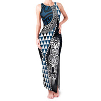 Blue Aotearoa Niho Taniwha Family Matching Tank Maxi Dress and Hawaiian Shirt Maori Mythology Tooth - Taniko Motifs LT14 Mom's Dress Blue - Polynesian Pride