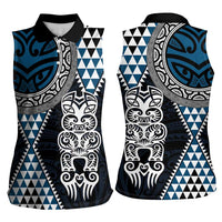Blue Aotearoa Niho Taniwha Women Sleeveless Polo Shirt Maori Mythology Tooth - Taniko Motifs LT14 - Polynesian Pride