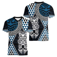 Blue Aotearoa Niho Taniwha Women V-Neck T-Shirt Maori Mythology Tooth - Taniko Motifs LT14 - Polynesian Pride