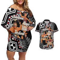 Aotearoa Kapa Haka Couples Matching Off Shoulder Short Dress and Hawaiian Shirt 2025 Festival - Traditional Maori Dance LT14 Black - Polynesian Pride