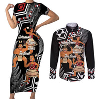 Aotearoa Kapa Haka Couples Matching Short Sleeve Bodycon Dress and Long Sleeve Button Shirt 2025 Festival - Traditional Maori Dance LT14 Black - Polynesian Pride