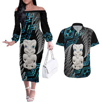 Aotearoa Taniko Paua Shell With Hei Tiki Couples Matching Off The Shoulder Long Sleeve Dress and Hawaiian Shirt LT14 Black - Polynesian Pride