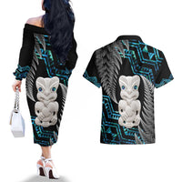 Aotearoa Taniko Paua Shell With Hei Tiki Couples Matching Off The Shoulder Long Sleeve Dress and Hawaiian Shirt LT14 - Polynesian Pride