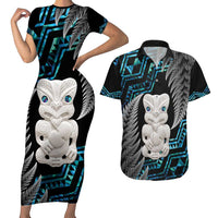 Aotearoa Taniko Paua Shell With Hei Tiki Couples Matching Short Sleeve Bodycon Dress and Hawaiian Shirt LT14 Black - Polynesian Pride