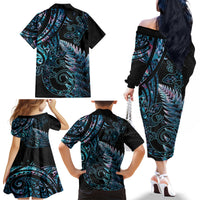 New Zealand Lizard Family Matching Off The Shoulder Long Sleeve Dress and Hawaiian Shirt Silver Fern Aotearoa Maori With Paua Shell LT14 - Polynesian Pride