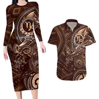 Personalised Polynesia Zodiac Capricorn Couples Matching Long Sleeve Bodycon Dress and Hawaiian Shirt Galaxy Polynesian Pattern Chest Tattoo Style LT14 Brown - Polynesian Pride