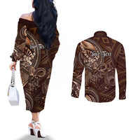 Personalised Polynesia Zodiac Capricorn Couples Matching Off The Shoulder Long Sleeve Dress and Long Sleeve Button Shirt Galaxy Polynesian Pattern Chest Tattoo Style