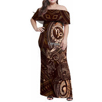 Personalised Polynesia Zodiac Capricorn Family Matching Off Shoulder Maxi Dress and Hawaiian Shirt Galaxy Polynesian Pattern Chest Tattoo Style LT14 Mom's Dress Brown - Polynesian Pride