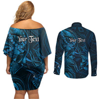 Personalised Polynesia Zodiac Pisces Couples Matching Off Shoulder Short Dress and Long Sleeve Button Shirt Galaxy Polynesian Pattern Chest Tattoo Style