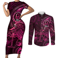 Personalised Polynesia Zodiac Libra Couples Matching Short Sleeve Bodycon Dress and Long Sleeve Button Shirt Galaxy Polynesian Pattern Chest Tattoo Style