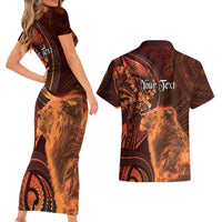 Personalised Polynesia Zodiac Leo Couples Matching Short Sleeve Bodycon Dress and Hawaiian Shirt Galaxy Polynesian Pattern Chest Tattoo Style