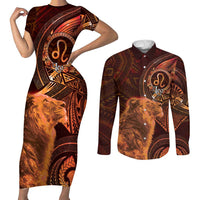 Personalised Polynesia Zodiac Leo Couples Matching Short Sleeve Bodycon Dress and Long Sleeve Button Shirt Galaxy Polynesian Pattern Chest Tattoo Style