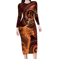 Personalised Polynesia Zodiac Leo Family Matching Long Sleeve Bodycon Dress and Hawaiian Shirt Galaxy Polynesian Pattern Chest Tattoo Style LT14 Mom's Dress Orange - Polynesian Pride