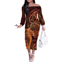 Personalised Polynesia Zodiac Leo Family Matching Off The Shoulder Long Sleeve Dress and Hawaiian Shirt Galaxy Polynesian Pattern Chest Tattoo Style LT14 Mom's Dress Orange - Polynesian Pride