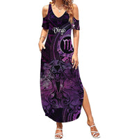 Personalised Polynesia Zodiac Virgo Family Matching Summer Maxi Dress and Hawaiian Shirt Galaxy Polynesian Pattern Chest Tattoo Style LT14 Mom's Dress Purple - Polynesian Pride