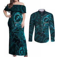 Personalised Polynesia Zodiac Sagittarius Couples Matching Off Shoulder Maxi Dress and Long Sleeve Button Shirt Galaxy Polynesian Pattern Chest Tattoo Style