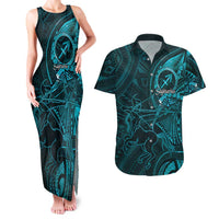 Personalised Polynesia Zodiac Sagittarius Couples Matching Tank Maxi Dress and Hawaiian Shirt Galaxy Polynesian Pattern Chest Tattoo Style
