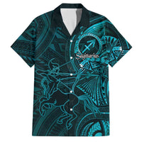 Personalised Polynesia Zodiac Sagittarius Family Matching Off The Shoulder Long Sleeve Dress and Hawaiian Shirt Galaxy Polynesian Pattern Chest Tattoo Style LT14 Dad's Shirt - Short Sleeve Cyan - Polynesian Pride