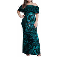 Personalised Polynesia Zodiac Sagittarius Family Matching Off Shoulder Maxi Dress and Hawaiian Shirt Galaxy Polynesian Pattern Chest Tattoo Style LT14 Mom's Dress Cyan - Polynesian Pride
