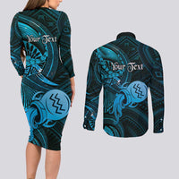 Personalised Polynesia Zodiac Aquarius Couples Matching Long Sleeve Bodycon Dress and Long Sleeve Button Shirt Galaxy Polynesian Pattern Chest Tattoo Style
