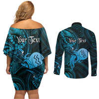 Personalised Polynesia Zodiac Aquarius Couples Matching Off Shoulder Short Dress and Long Sleeve Button Shirt Galaxy Polynesian Pattern Chest Tattoo Style