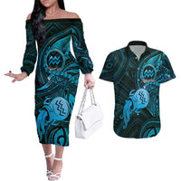 Personalised Polynesia Zodiac Aquarius Couples Matching Off The Shoulder Long Sleeve Dress and Hawaiian Shirt Galaxy Polynesian Pattern Chest Tattoo Style LT14 Blue - Polynesian Pride