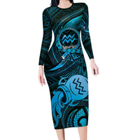Personalised Polynesia Zodiac Aquarius Family Matching Long Sleeve Bodycon Dress and Hawaiian Shirt Galaxy Polynesian Pattern Chest Tattoo Style LT14 Mom's Dress Blue - Polynesian Pride