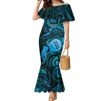Personalised Polynesia Zodiac Aquarius Family Matching Mermaid Dress and Hawaiian Shirt Galaxy Polynesian Pattern Chest Tattoo Style LT14 Mom's Dress Blue - Polynesian Pride