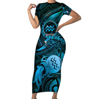 Personalised Polynesia Zodiac Aquarius Family Matching Short Sleeve Bodycon Dress and Hawaiian Shirt Galaxy Polynesian Pattern Chest Tattoo Style LT14 Mom's Dress Blue - Polynesian Pride