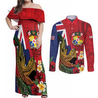 Hawaii And Tonga Couples Matching Off Shoulder Maxi Dress and Long Sleeve Button Shirt Shark Tattoo With Tongan Coat Of Arms LT14 Red - Polynesian Pride