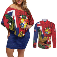 Hawaii And Tonga Couples Matching Off Shoulder Short Dress and Long Sleeve Button Shirt Shark Tattoo With Tongan Coat Of Arms LT14 Red - Polynesian Pride