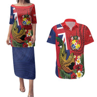 Hawaii And Tonga Couples Matching Puletasi and Hawaiian Shirt Shark Tattoo With Tongan Coat Of Arms LT14 Red - Polynesian Pride