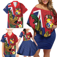 Hawaii And Tonga Family Matching Off Shoulder Short Dress and Hawaiian Shirt Shark Tattoo With Tongan Coat Of Arms LT14 - Polynesian Pride