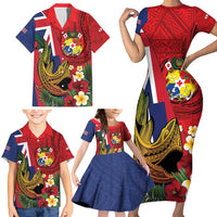 Hawaii And Tonga Family Matching Short Sleeve Bodycon Dress and Hawaiian Shirt Shark Tattoo With Tongan Coat Of Arms