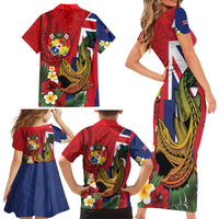 Hawaii And Tonga Family Matching Short Sleeve Bodycon Dress and Hawaiian Shirt Shark Tattoo With Tongan Coat Of Arms