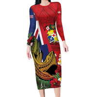 Hawaii And Tonga Long Sleeve Bodycon Dress Shark Tattoo With Tongan Coat Of Arms LT14 Long Dress Red - Polynesian Pride