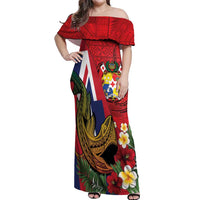 Hawaii And Tonga Off Shoulder Maxi Dress Shark Tattoo With Tongan Coat Of Arms LT14 Women Red - Polynesian Pride