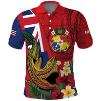 Hawaii And Tonga Polo Shirt Shark Tattoo With Tongan Coat Of Arms LT14 Red - Polynesian Pride