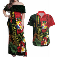 Hawaii And Tonga Couples Matching Off Shoulder Maxi Dress and Hawaiian Shirt King Kamehameha Tribal Ngatu Pattern LT14 Red - Polynesian Pride