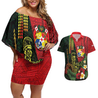 Hawaii And Tonga Couples Matching Off Shoulder Short Dress and Hawaiian Shirt King Kamehameha Tribal Ngatu Pattern LT14 Red - Polynesian Pride