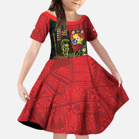 Hawaii And Tonga Family Matching Off Shoulder Maxi Dress and Hawaiian Shirt King Kamehameha Tribal Ngatu Pattern LT14 Daughter's Dress Red - Polynesian Pride