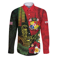 Hawaii And Tonga Family Matching Off Shoulder Maxi Dress and Hawaiian Shirt King Kamehameha Tribal Ngatu Pattern LT14 Dad's Shirt - Long Sleeve Red - Polynesian Pride