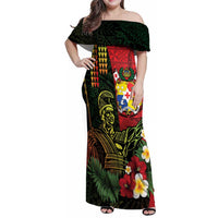 Hawaii And Tonga Family Matching Off Shoulder Maxi Dress and Hawaiian Shirt King Kamehameha Tribal Ngatu Pattern LT14 Mom's Dress Red - Polynesian Pride