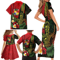 Hawaii And Tonga Family Matching Short Sleeve Bodycon Dress and Hawaiian Shirt King Kamehameha Tribal Ngatu Pattern