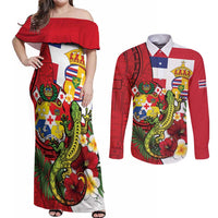 Hawaii And Tonga Couples Matching Off Shoulder Maxi Dress and Long Sleeve Button Shirt King Kalakaua Tribal Gecko Tongan Ngatu LT14 Red - Polynesian Pride